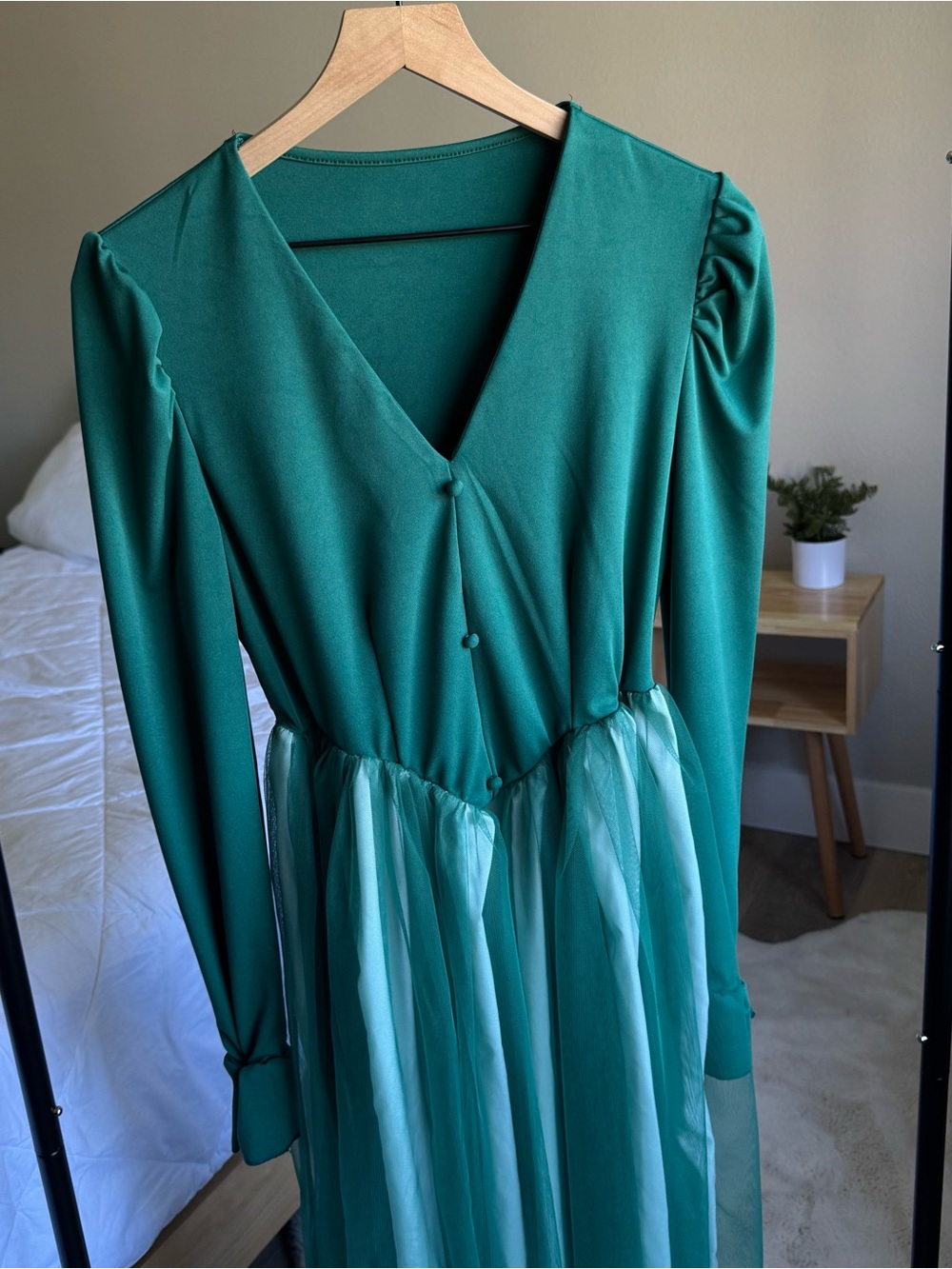Teal V-Neck Long Sleeve Midi Dress